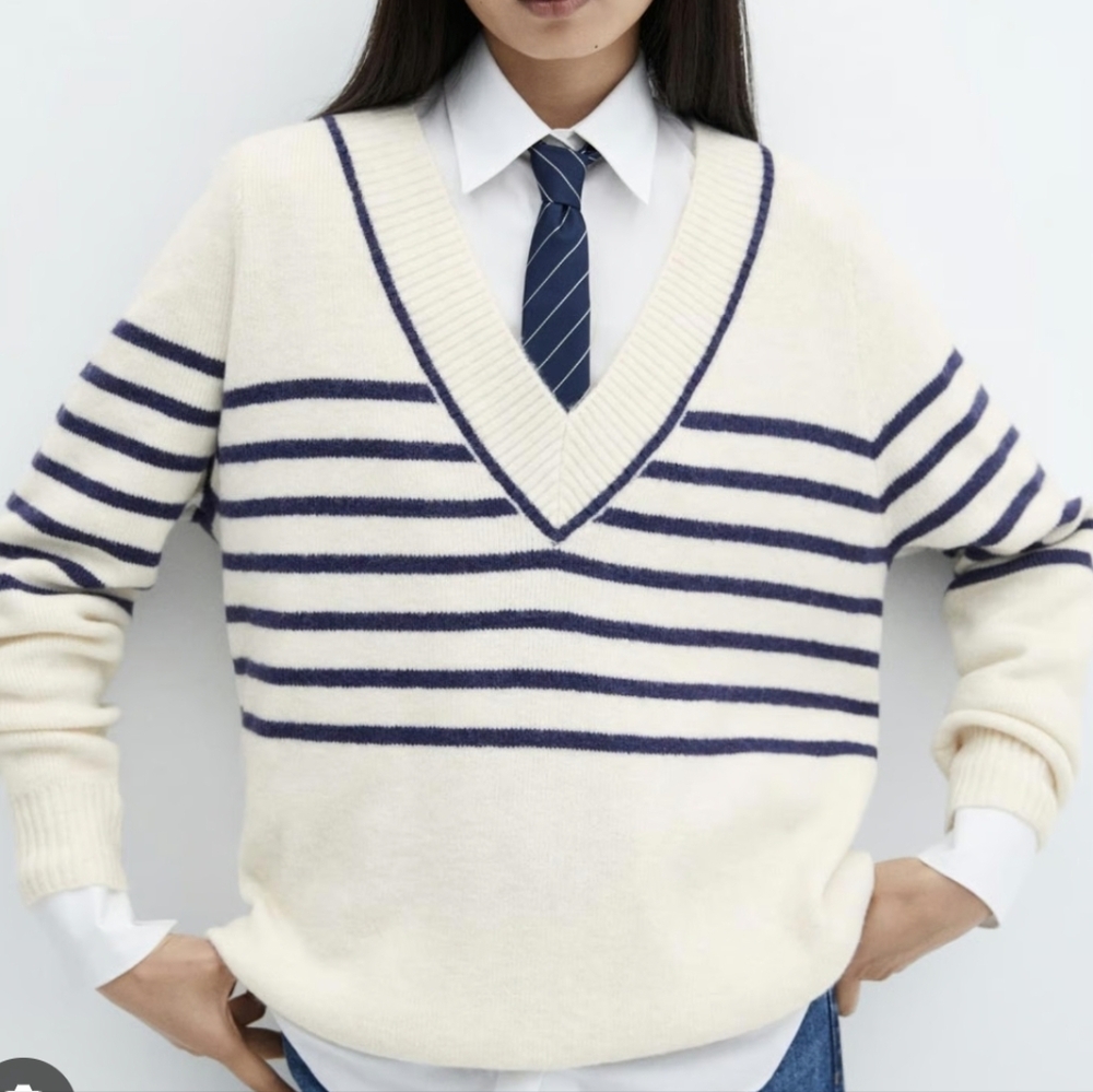 Mango Wool Blend Striped V-Neck Oversized  Sweater
